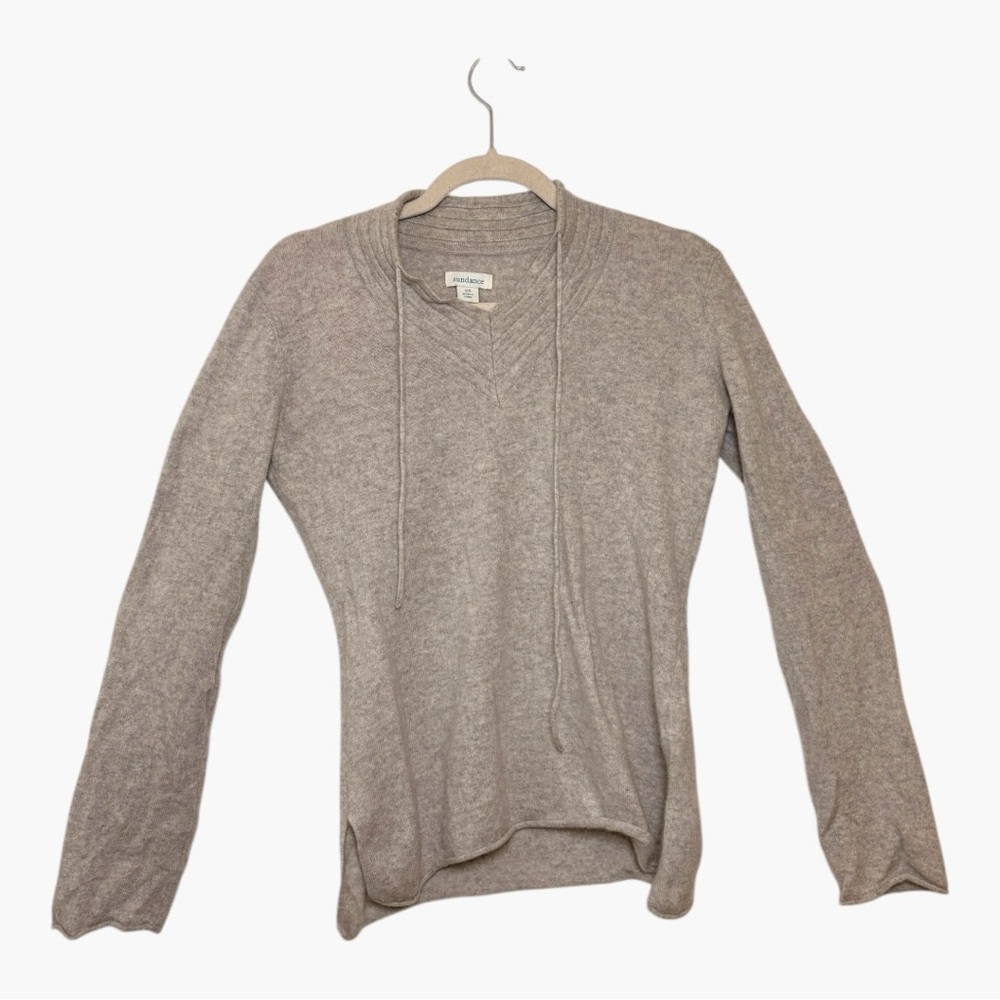 Sundance Gray 100% Cashmere High V-Neck Drawstring Sweater Relaxed Luxe XS